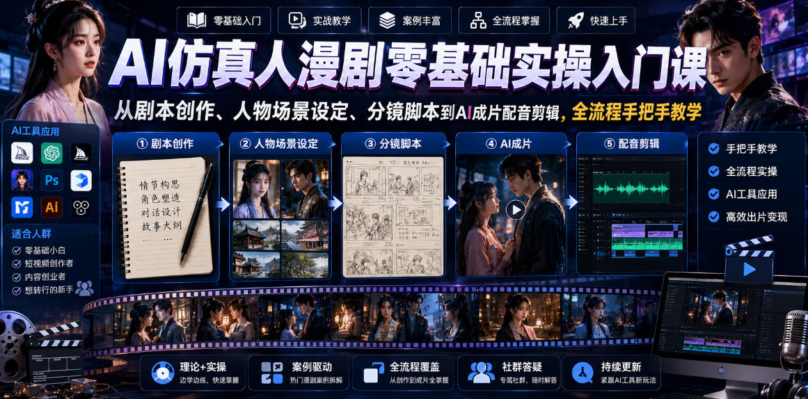 AI仿真人漫剧零基础实操入门课，从剧本创作、人物场景设定、分镜脚本到AI成片配音剪辑，全流程手把手教学