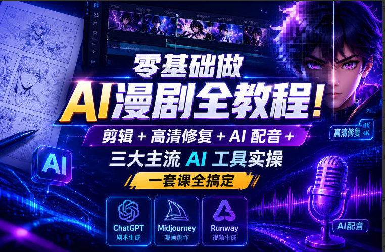 零基础做AI漫剧全教程！剪辑+高清修复+AI配音+三大主流AI工具实操，一套课全搞定