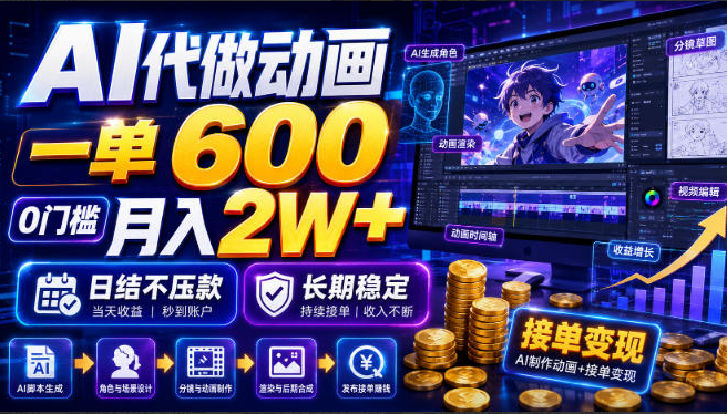AI代做动画，一单600，0门槛月入2W+，日结不压款，长期稳定