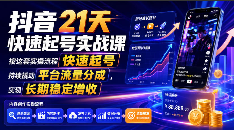抖音21天快速起号实战课，按这套实操流程快速起号，持续撬动平台流量分成，实现长期稳定增收