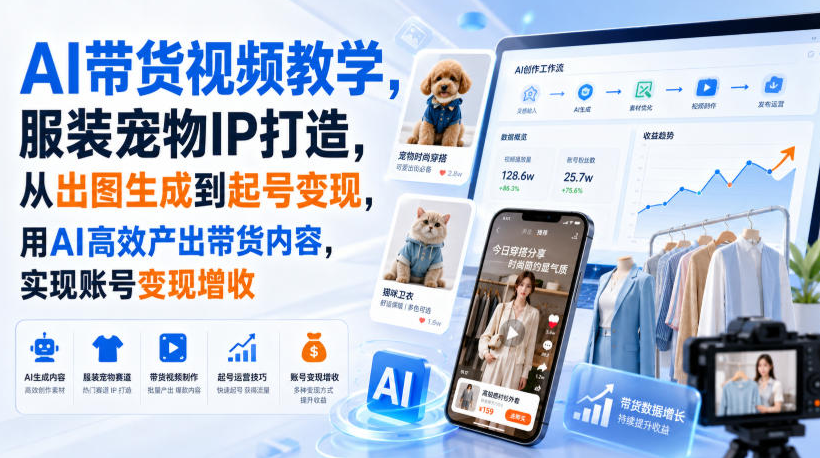 3ca0d02716b4eb37ca5ca74c9932a7f0 AI带货视频教学,服装宠物IP打造,从出图生成到起号变现,用AI高效产出带货内容,实现账号变现增收