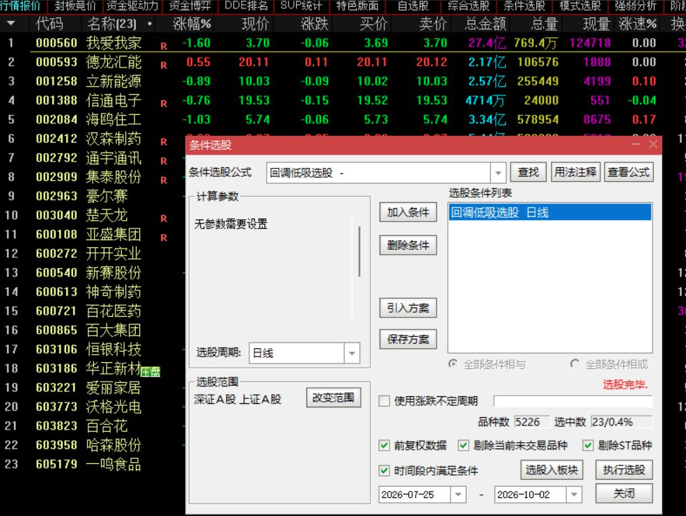 通达信【回调低吸】副图/选股 捕捉强势龙头 尾盘波段抄底思路 指标源码