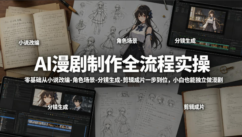 AI漫剧制作全流程实操，零基础从小说改编-角色场景-分镜生成-剪辑成片一步到位，小白也能独立做漫剧