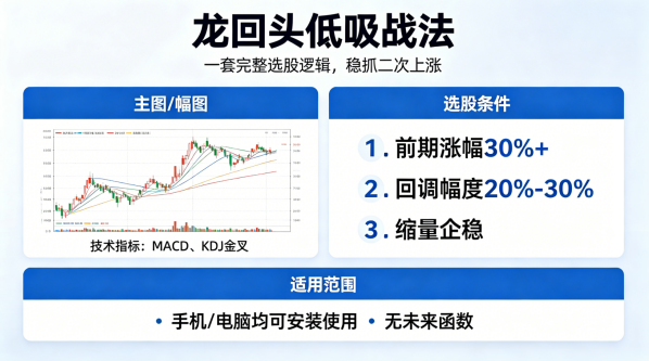 新版龙回头低吸战法指标，主图+幅图+选股，无未来函数，手机电脑均可安装使用