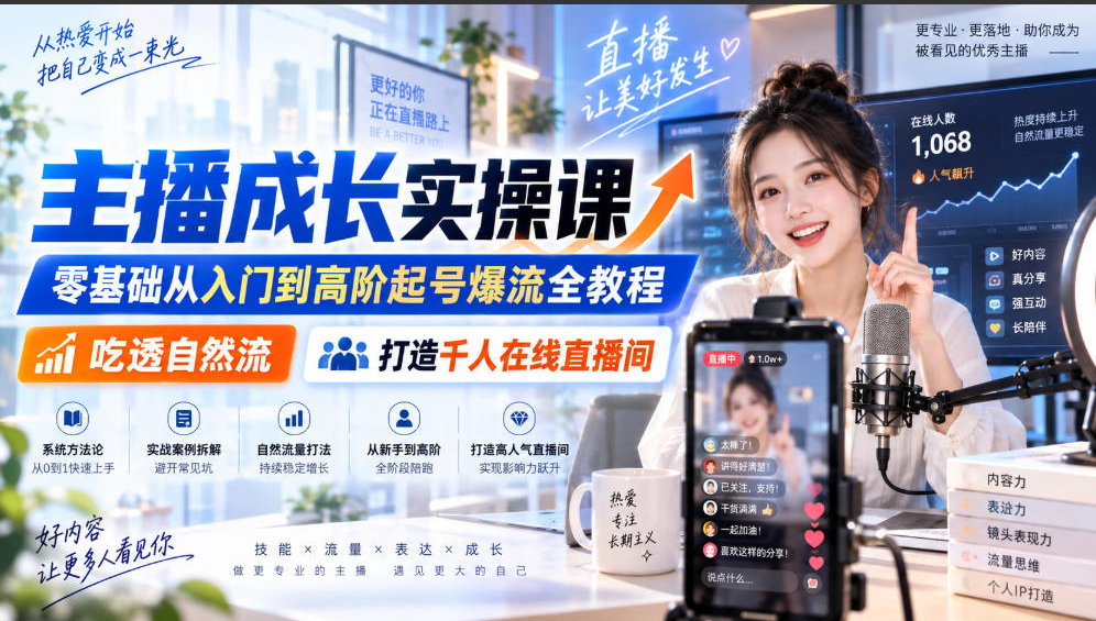 主播成长实操课｜零基础从入门到高阶起号爆流全教程，吃透自然流，打造千人在线直播间