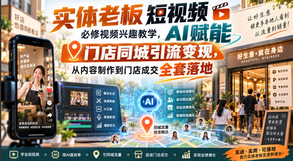 实体老板短视频必修视频兴趣教学，AI赋能门店同城引流变现，AI+短视频+直播打爆实体客流量