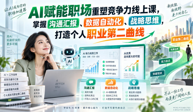 AI赋能职场重塑竞争力线上课，掌握沟通汇报、数据自动化、战略思维，打造个人职业第二曲线