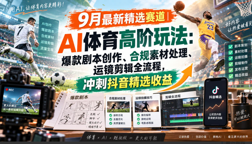 某大佬的9月最新精选赛道之AI体育顶级玩法，爆款剧本创作、版权规避、运镜剪辑全流程，稳拿抖音精选收益