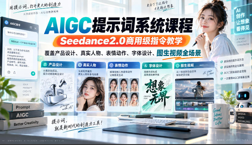 AIGC提示词系统课程，Seedance2.0商用级指令教学，覆盖产品设计、真实人物、表情动作、字体设计、图生视频全场景