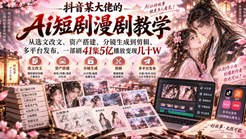 抖音某大佬的Ai短剧漫剧教学，从选文改文、资产搭建、分镜生成到剪辑、多平台发布，一部剧41集5亿播放变现几十W