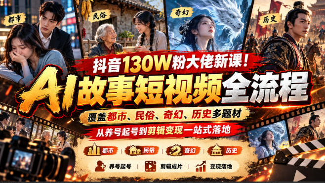 老朱故事会AI都市故事短视频全流程，覆盖都市、民俗、奇幻、历史多题材，从养号起号到剪辑变现一站式落地