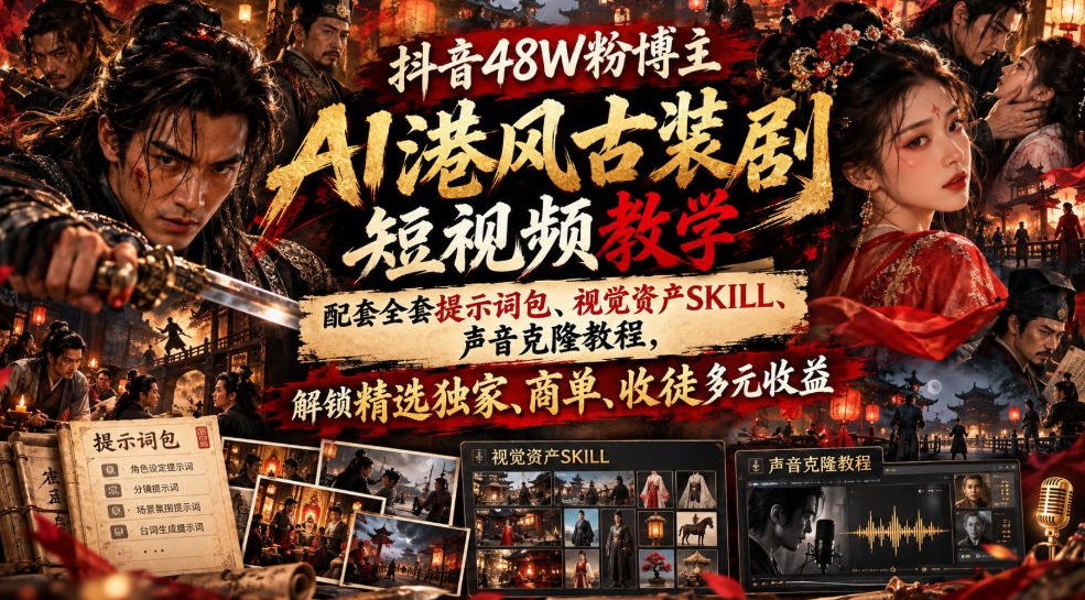 好英俊pro的AI港风邵氏古装剧短视频教学，配套全套提示词包、视觉资产SKILL、声音克隆教程，解锁精选独家、商单、收徒多元收益