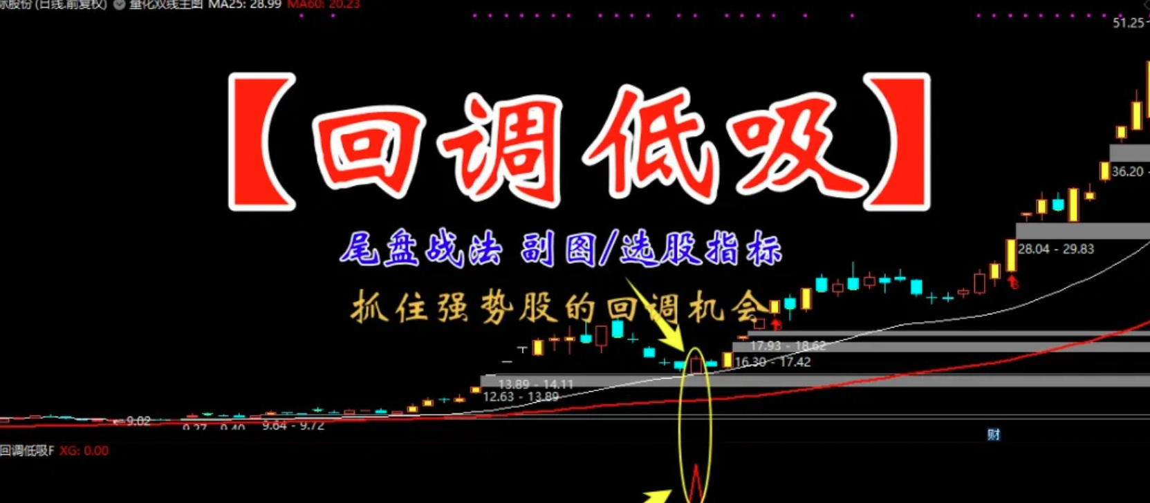 通达信【回调低吸】副图/选股 捕捉强势龙头 尾盘波段抄底思路 指标源码