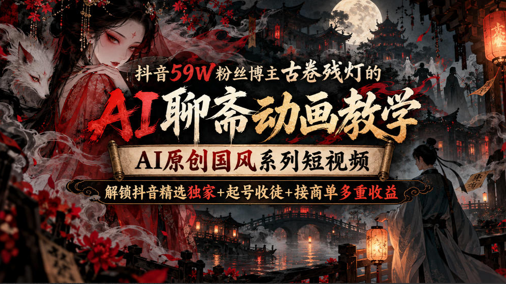 博主古卷残灯的AI聊斋动画教学，AI原创国风系列短视频，解锁抖音精选独家+起号收徒+接商单多重收益